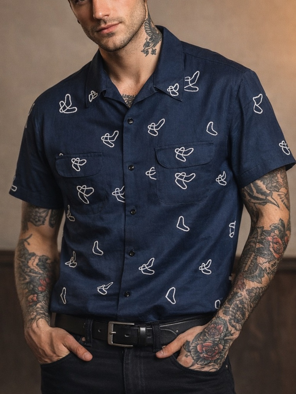 Al's Attire Handmade San Francisco Rockabilly 50s Camp Shirt Abstract Embroidery